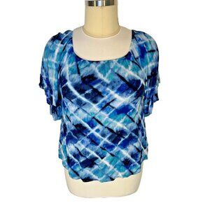 Hailey Lyn Blouse Women's XL Short Ruffle Sleeve Peasant Neck Blue Tie Dye